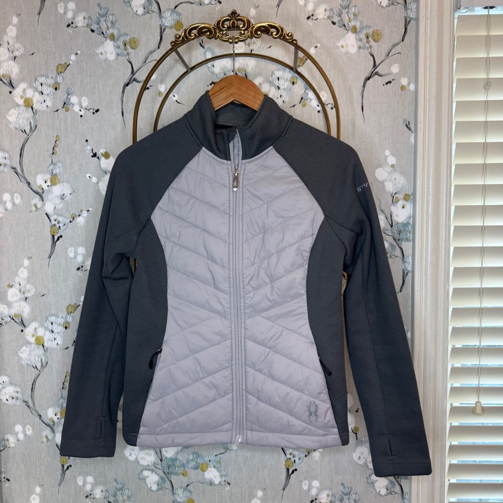 Spyder Womens Grey Quilted Hybrid Full Zip Knit Jacket Mock Neck Small